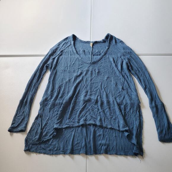 Free People Top Womens Medium Blue Waffle Knit Long Sleeve Layered Boho Top y2k - Picture 1 of 8